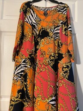 Susan Graver Orange & Black Chain-Print V-Neck Top
